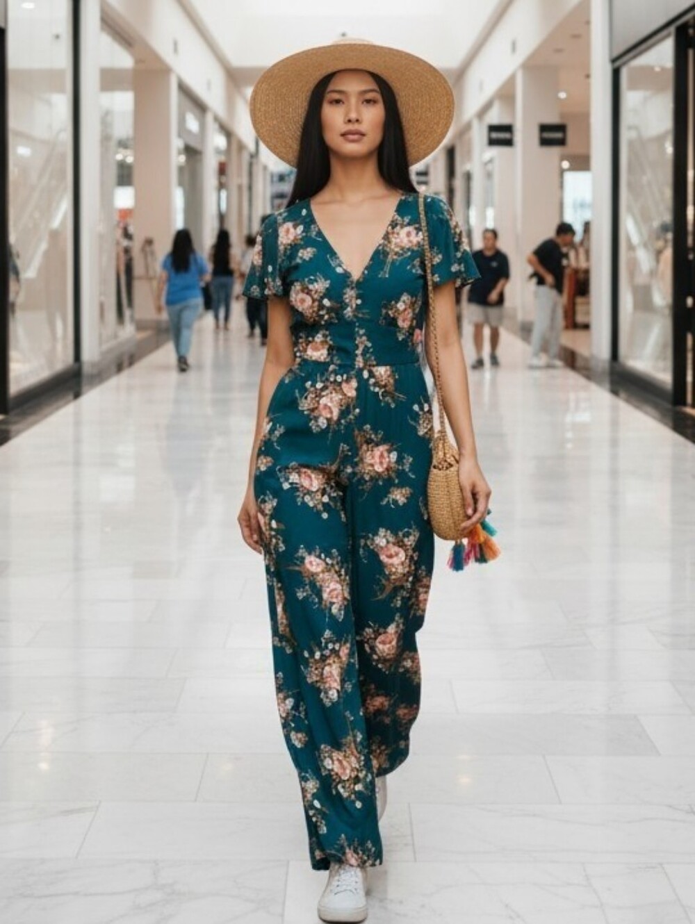 June & Hudson Floral Teal-Green Wide-Leg Jumpsuit NWT